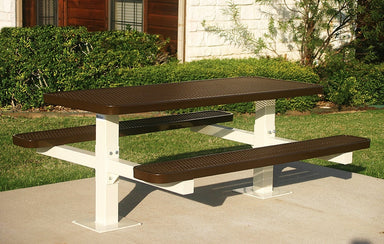6 Foot Brown MyTCoat Double Pedestal Picnic Table Surface Mount Lifestyle Image with Bush Garden Background