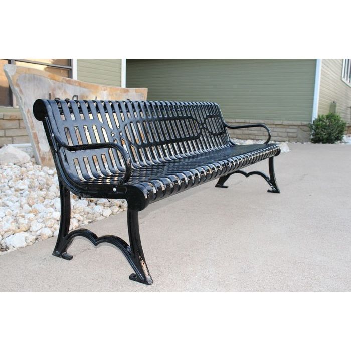 Black MyTCoat Austin Bench Slatted Steel Lifestyle Image with House Background