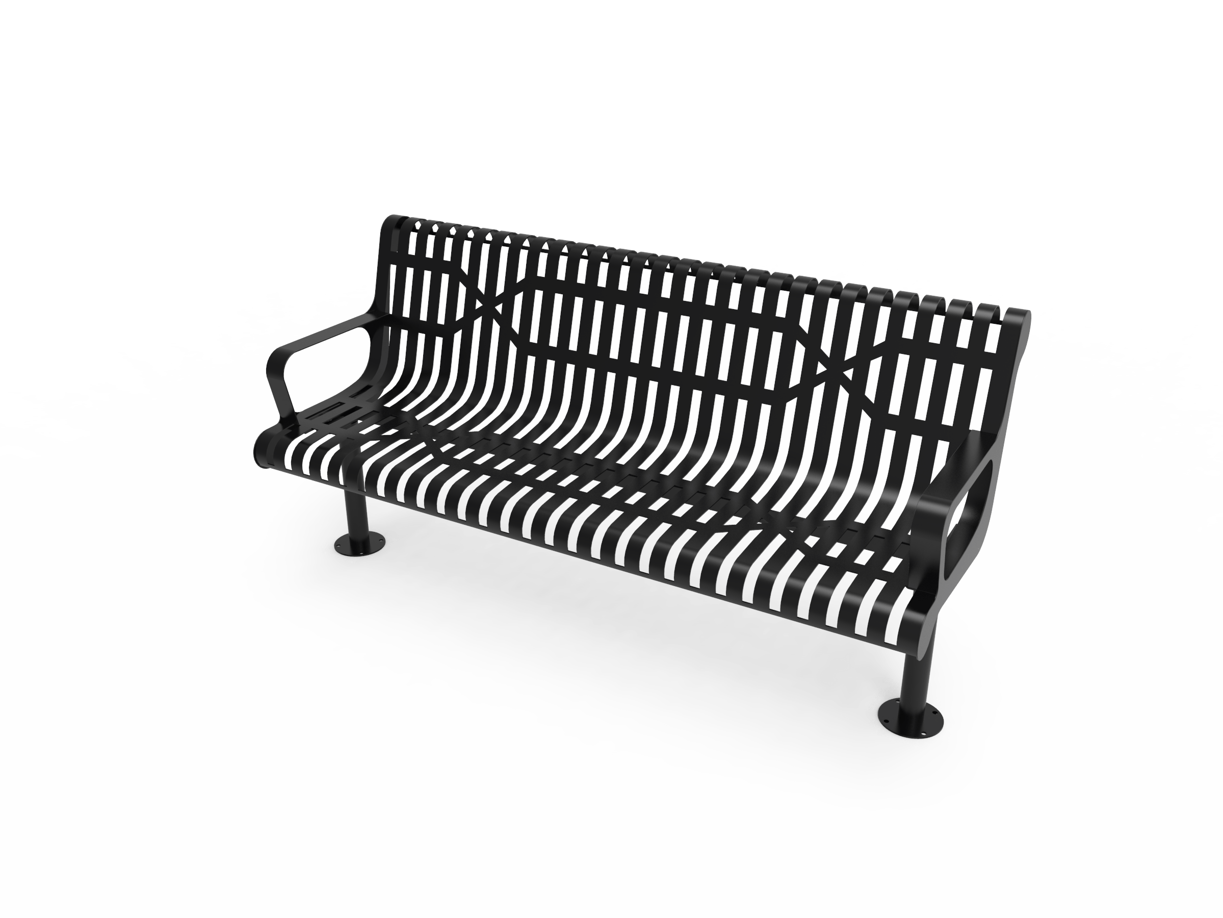 Black MyTCoat Slatted Steel Contoured Bench with Surface Mount Studio Image