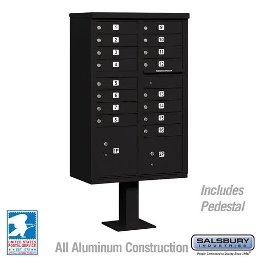 Black Salsbury USPS Approved 16 Door Cluster Mailbox Unit with 2 Parcel Lockers