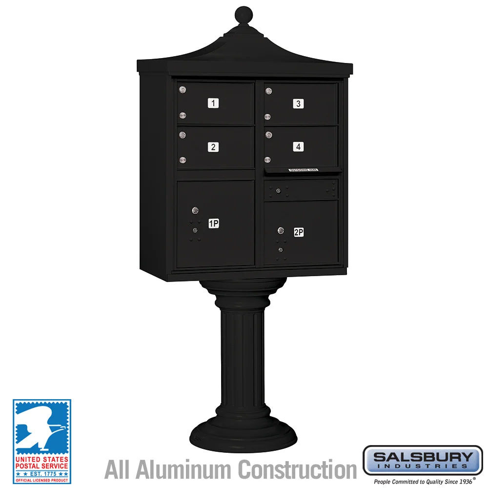 Black Salsbury USPS Decorative Mailbox Cluster Unit with 4 Door and 2 Parcel Lockers Studio Image