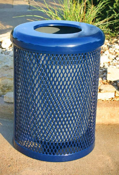 Blue MyTCoat Commercial Trash Receptacle Expanded Metal With Flat Top Lid Lifestyle Image