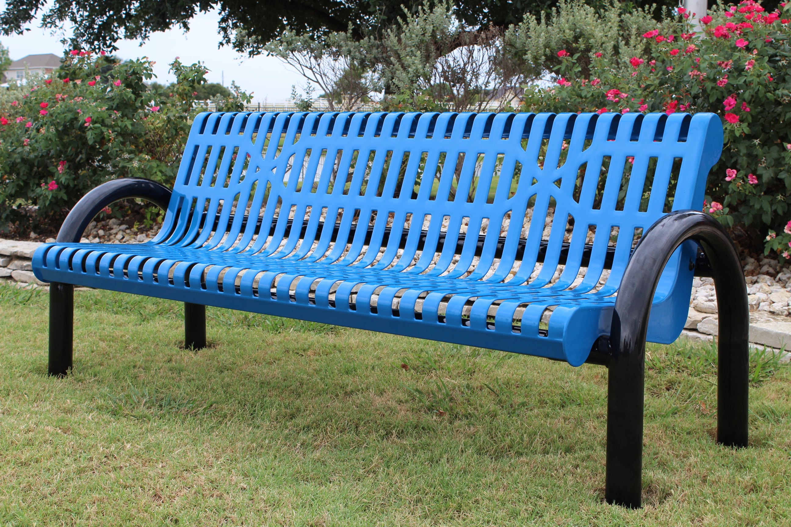 Blue MyTCoat MOD Bench with Backrest Lifestyle Image with Colorful Garden Background