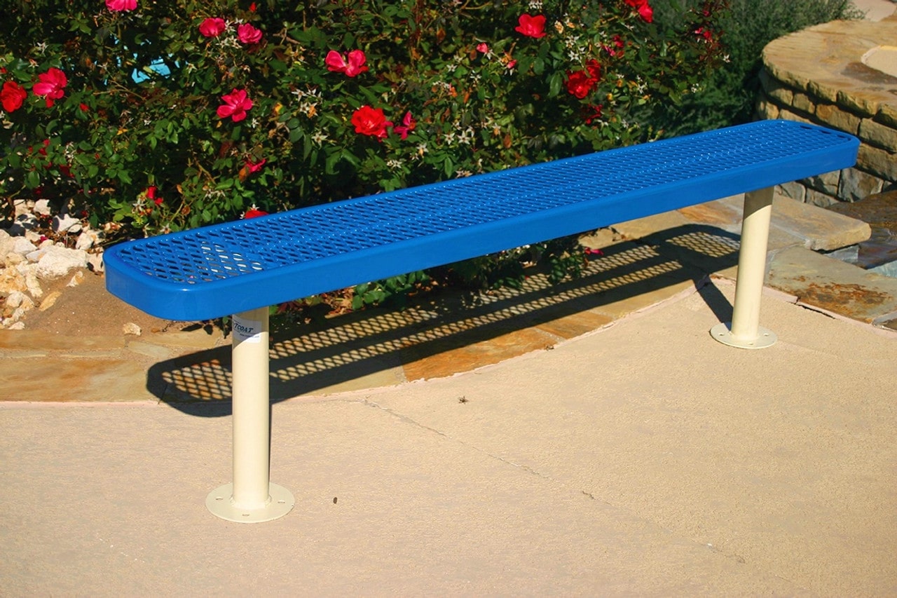 Blue MyTCoat Metal Outdoor Bench Without Backrest with Colorful Garden Background Surface Mounted