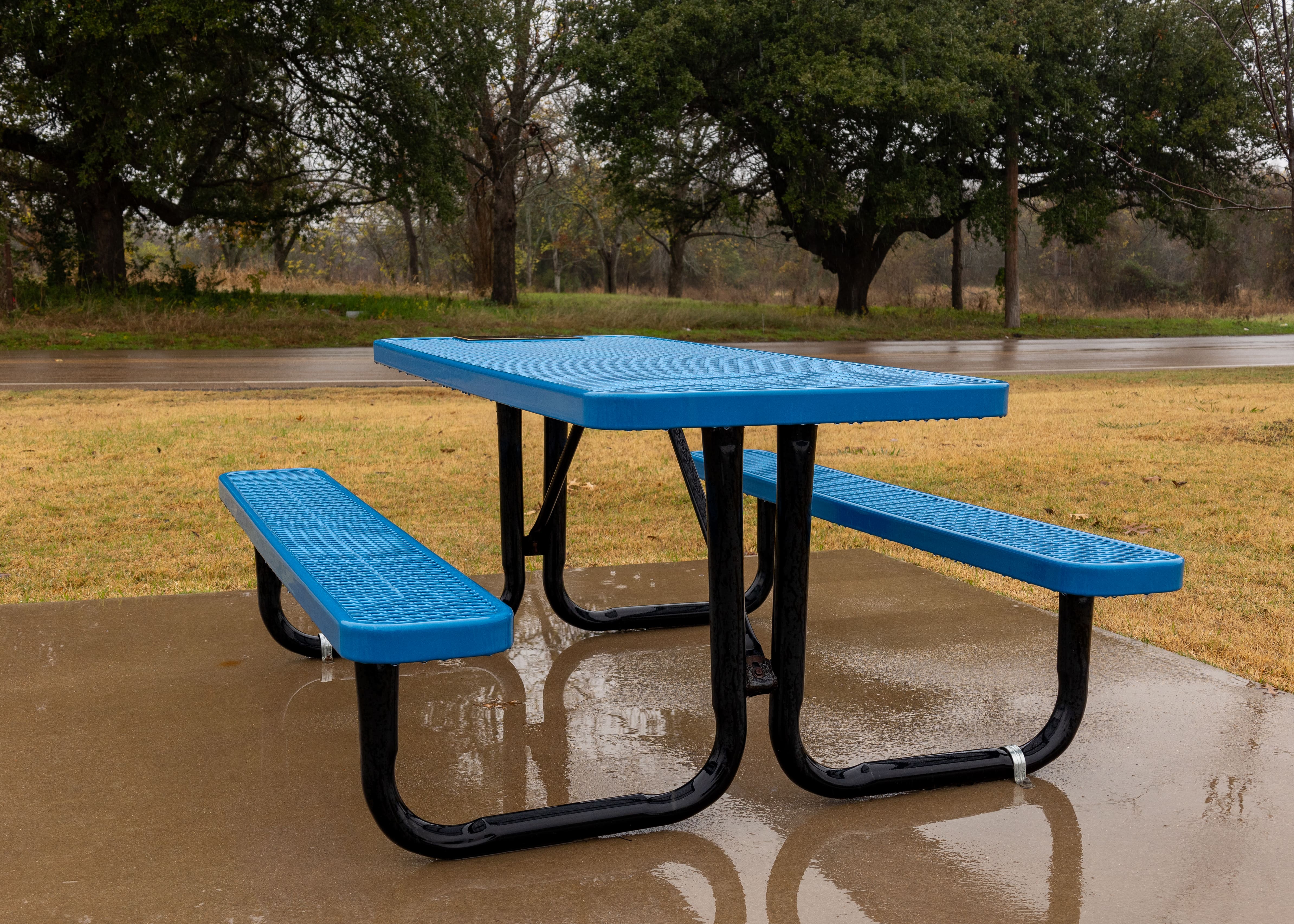 Blue MyTCoat Rectangular Portable Picnic Table at Rainy Park Lifestyle Image