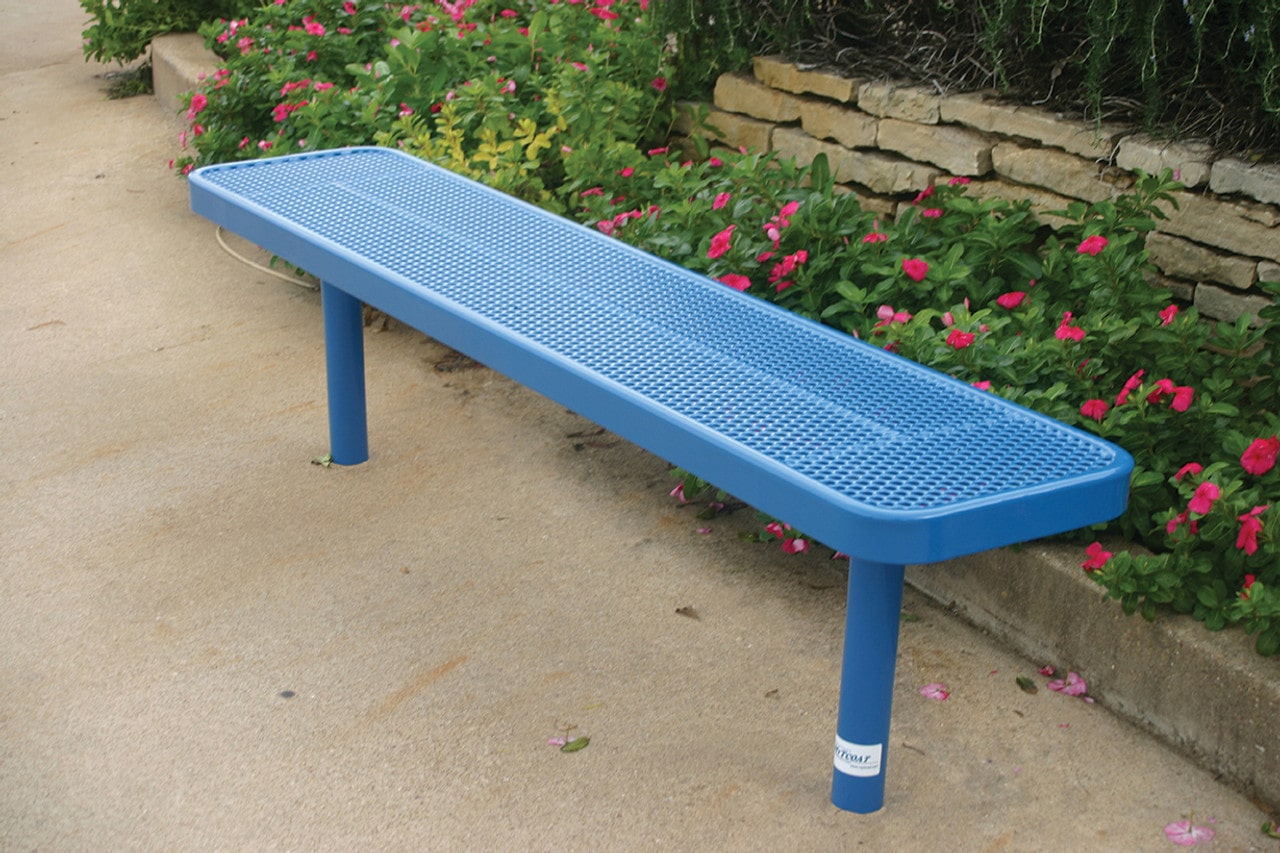Blue MyTCoat Sports Bench Without Back Inground Mount With Colorful Garden Background