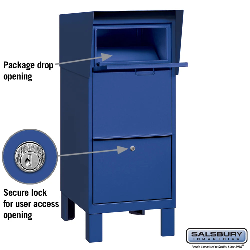 Blue Salsbury Courier And Collection Box With Private Access Features Photo. Package Drop opening and secure lock for user access opening.