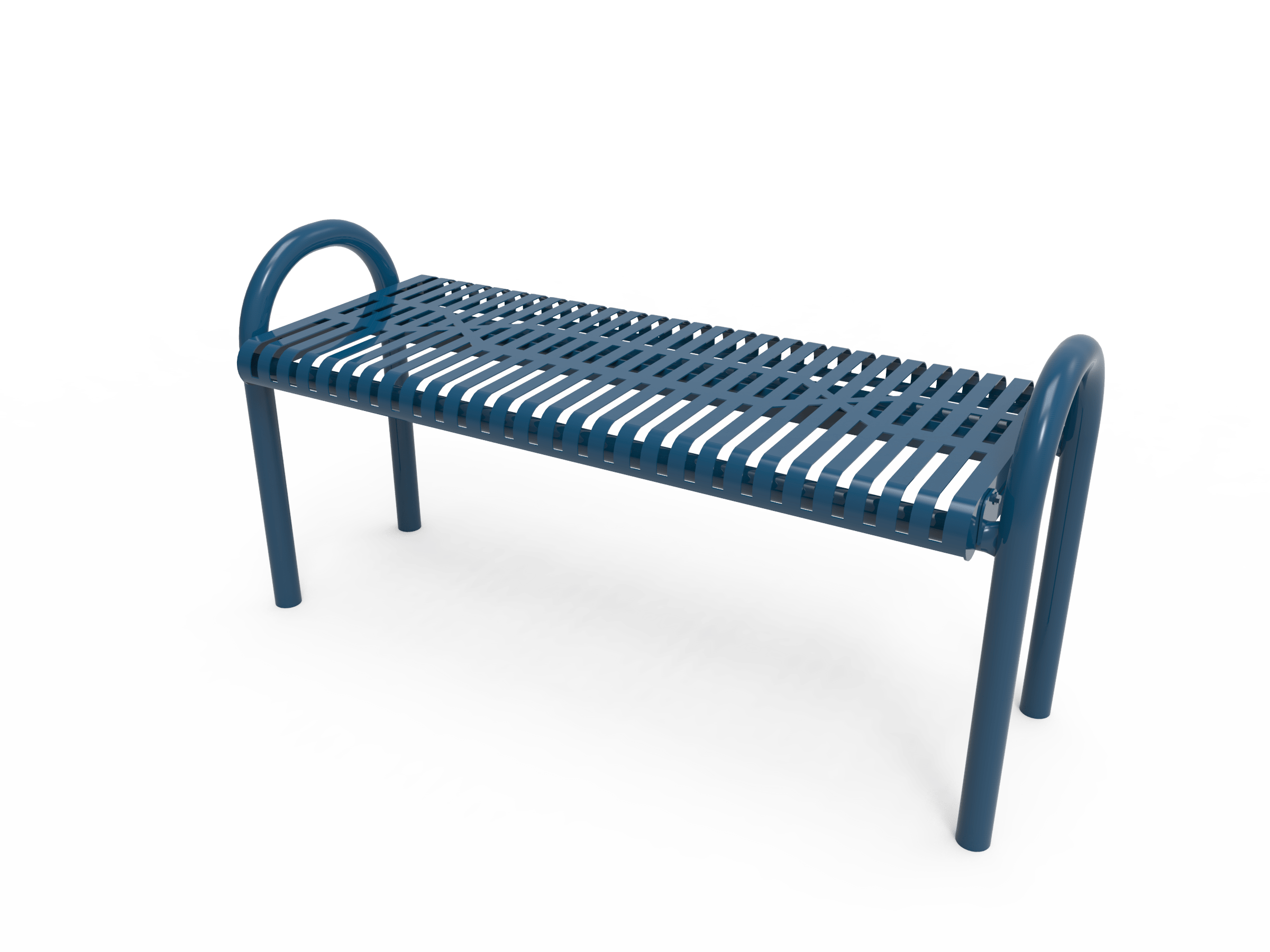 Blue Slatted Steel MyTCoat MOD Bench without Back Inground Mount Studio Image