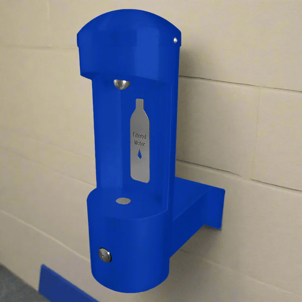 Blue Willoughby Wall-Mounted Water Bottle Filling Station Base Model on a tiled wall.