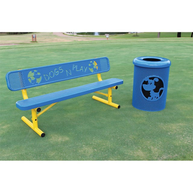 Blue and Yellow MyTCoat Dog Park Bench with Blue Mytcoat Dog Trash Can Beside Lifestyle Image