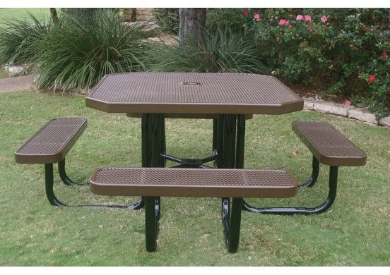 Brown MyTCoat Octagon Portable Picnic Table with Bush Garden Background