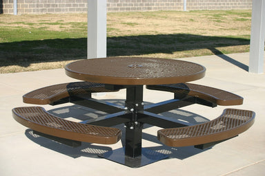 Brown MyTCoat Round Pedestal Picnic Table 4 Seat Lifestyle Image with School Courtyard Background