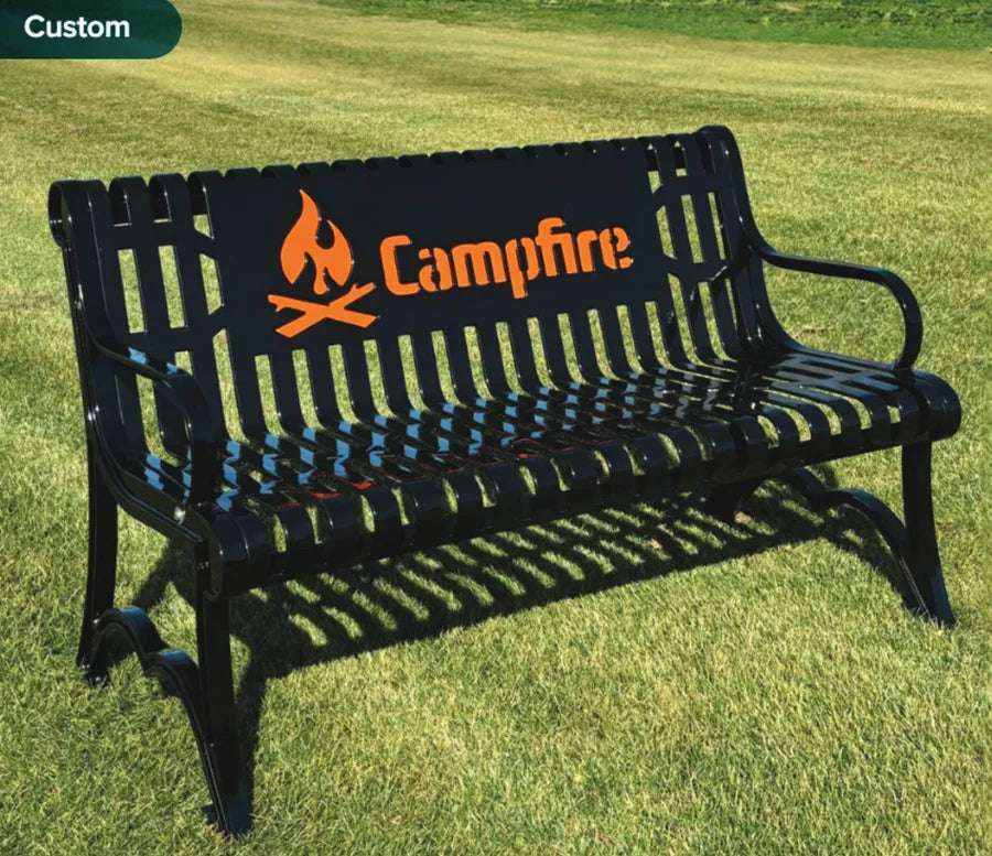 Campfire Customized Black MyTCoat Austin Bench Slatted Steel Lifestyle Image with Grass Background