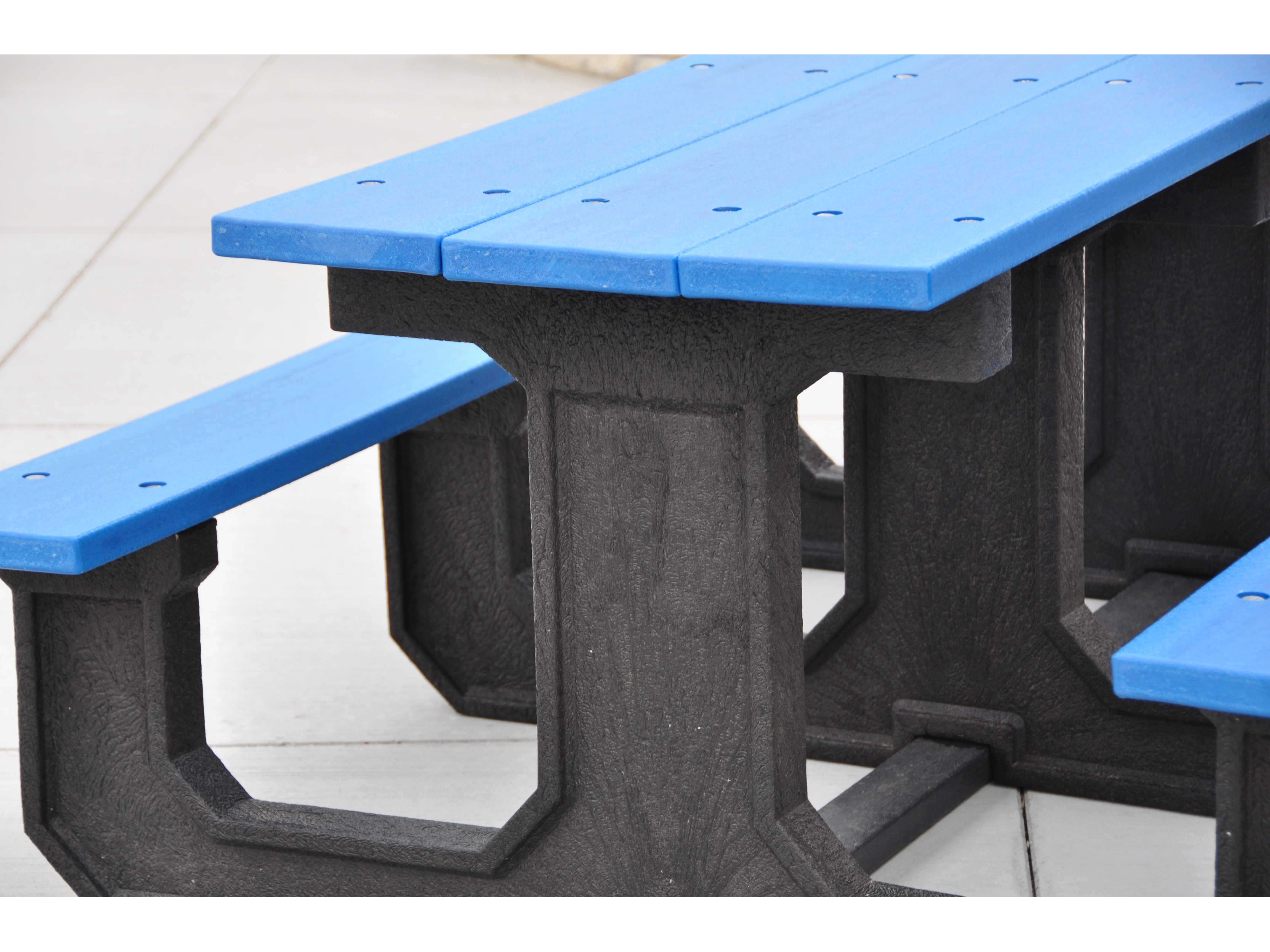 Close-up of Frog Furnishings Blue Park Place Recycled Plastic Picnic Table Side Angle