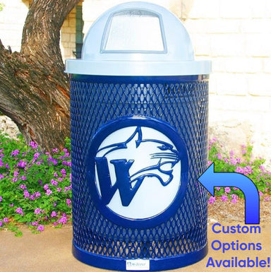Custom Blue School MyTCoat Commercial Trash Receptacle Expanded Metal With White Dome Lid Lifestyle Image with Purple Flower Garden Background with Arrow Pointing Showing that Custom Options Are available
