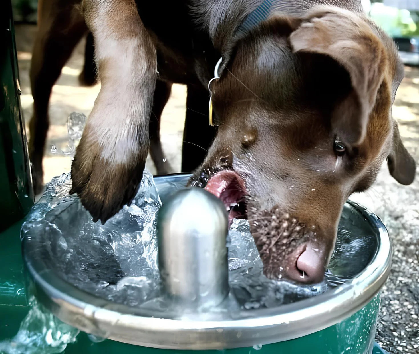 Dog drinking water from a Willoughby Stainless Outdoor Pet Drinking Fountain