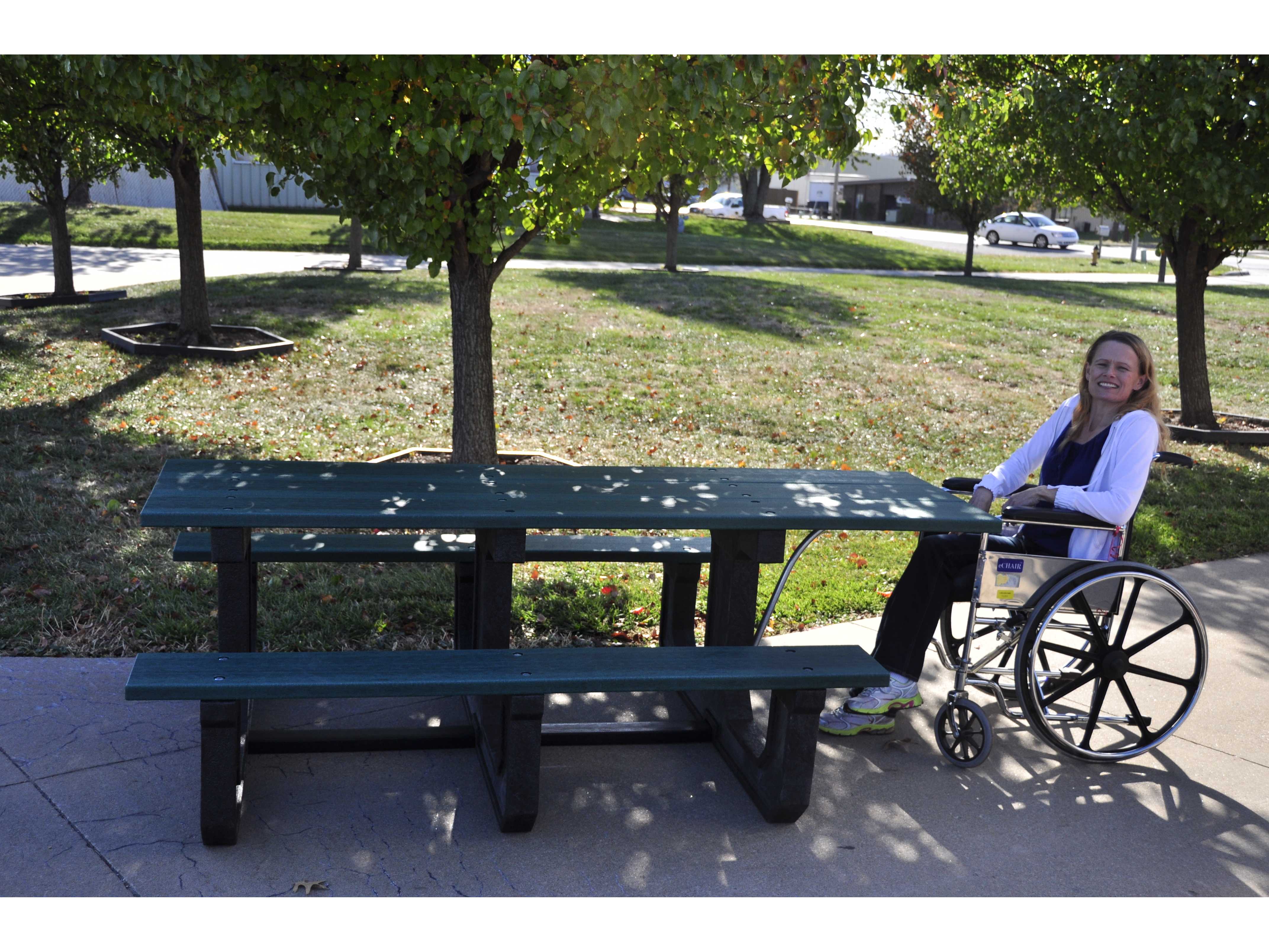 Frog Furnishings ADA Park Place Recycled Plastic Picnic Table with Wheelchair User Sitting