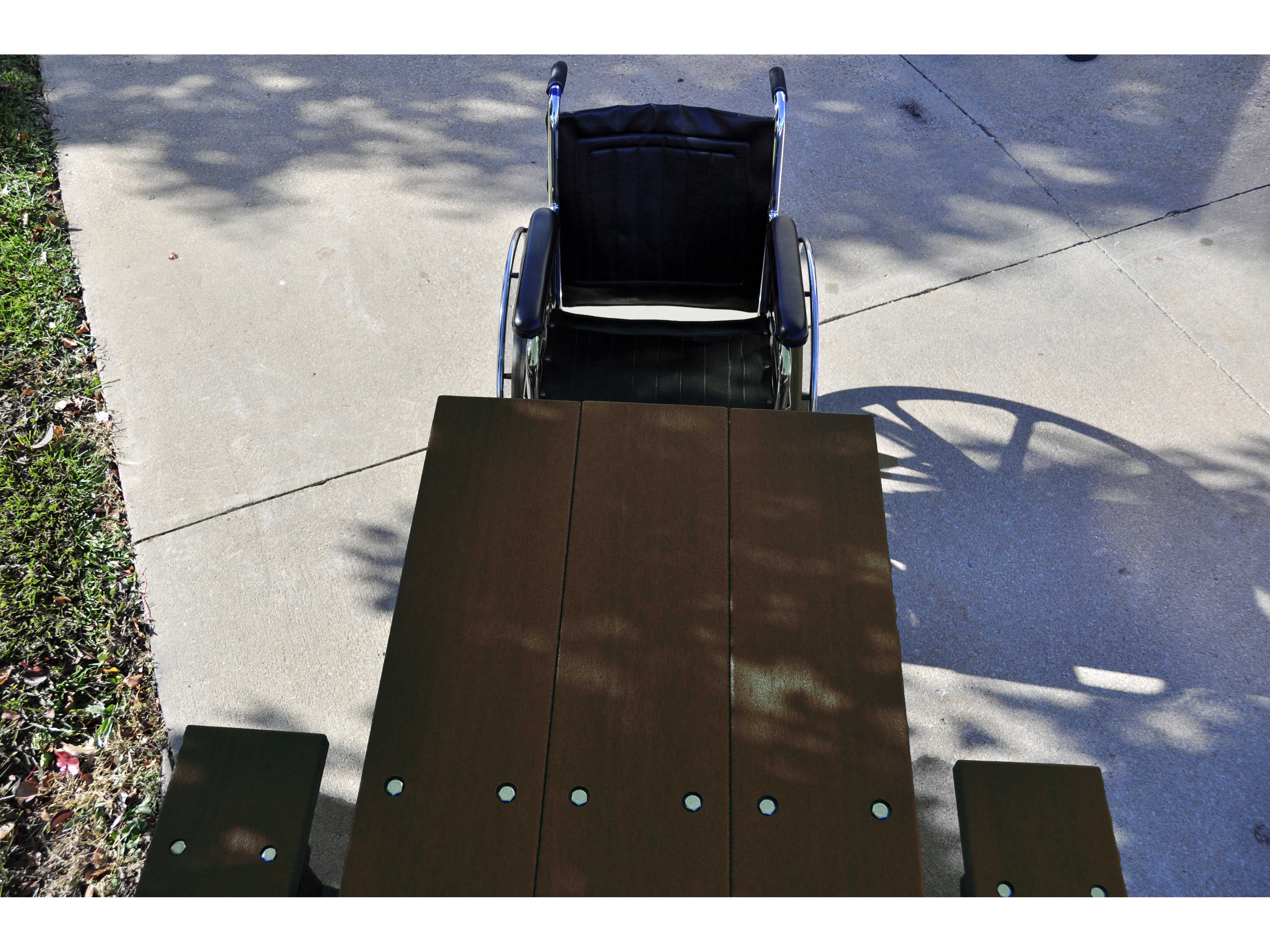 Frog Furnishings Brown Park Place Recycled Plastic Picnic Table with Wheelchair Stationed Top View Image.