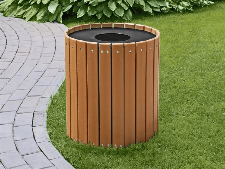 Frog Furnishings Cedar 32 Gallon Wood Round Trash Can On side of Curved paver Walkway