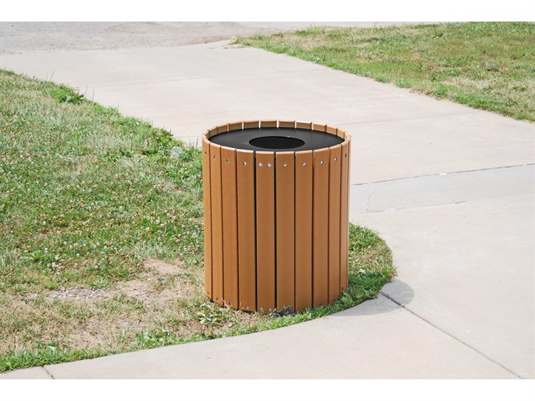 Frog Furnishings Cedar 32 Gallon Wood Round Trash Can On aside of Sidewalk