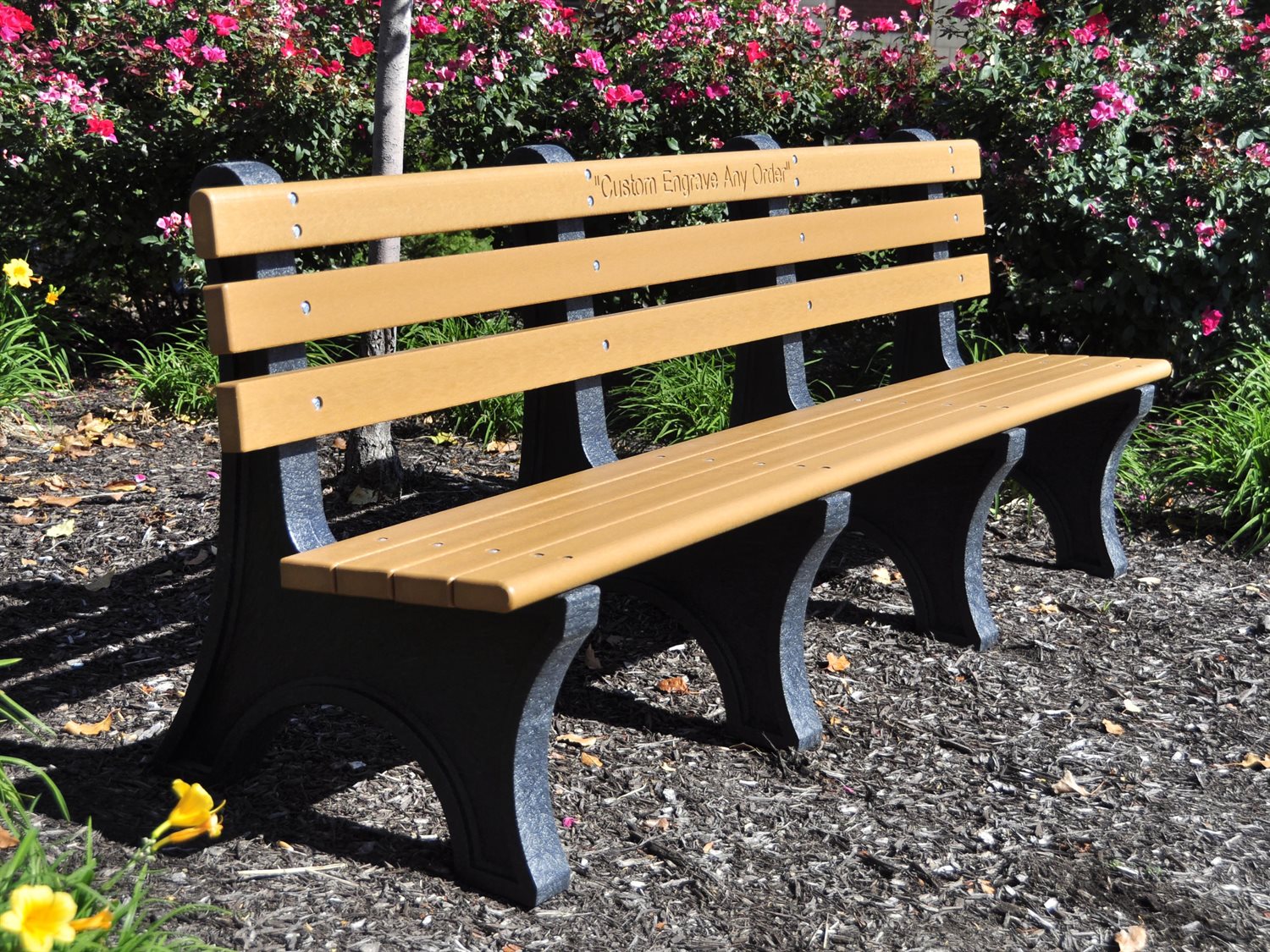 Frog Furnishings Cedar Comfort Park Bench 8' Option With Colorful Garden Background and Custom Engraving Example