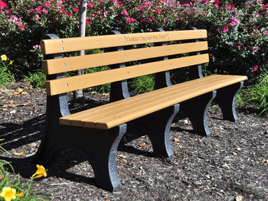 Frog Furnishings Cedar Comfort Park Bench 8' Option With Colorful Garden Background and Custom Engraving Example