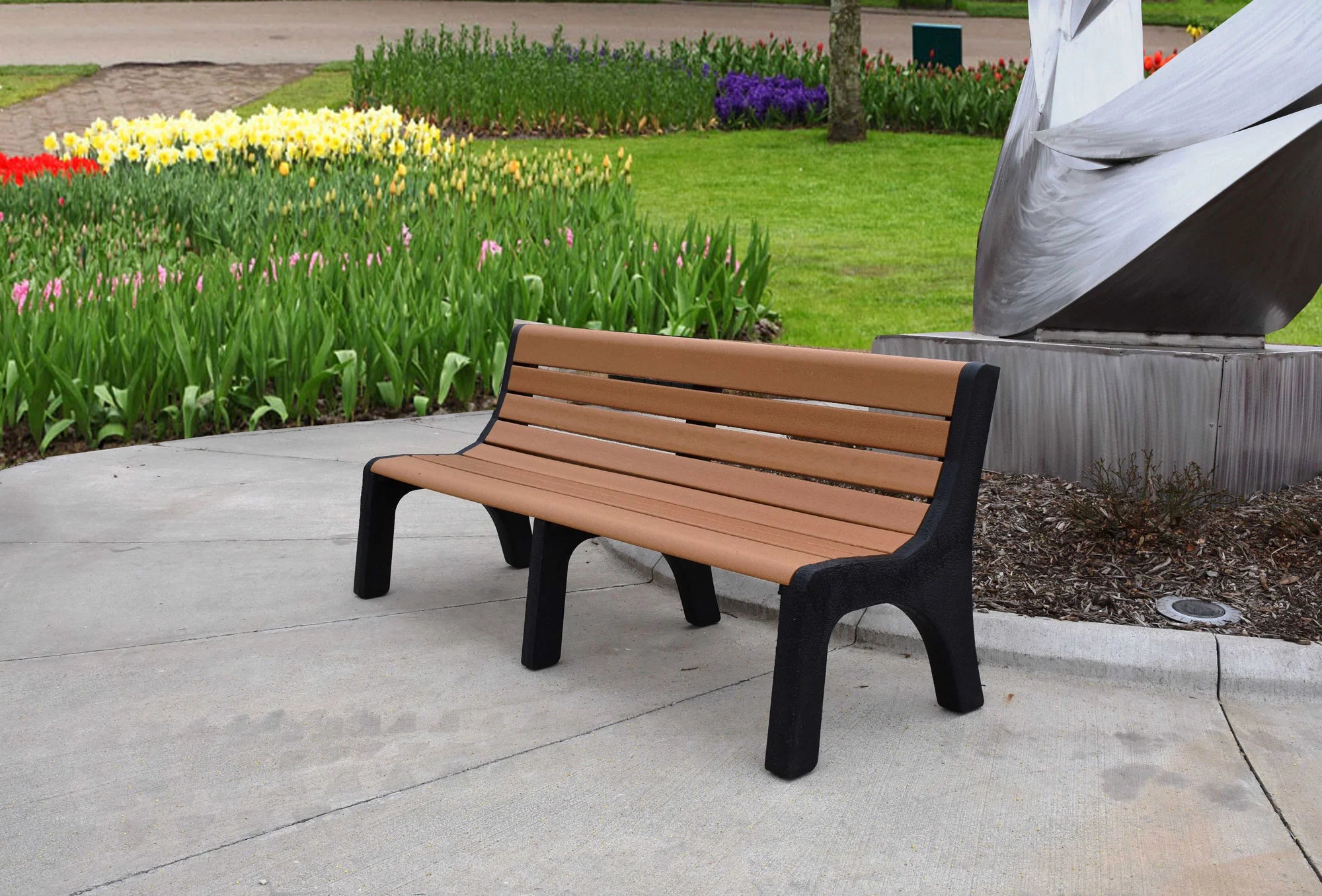 Frog Furnishings Cedar Newport Park Bench 6' Option with Colorful Garden Background