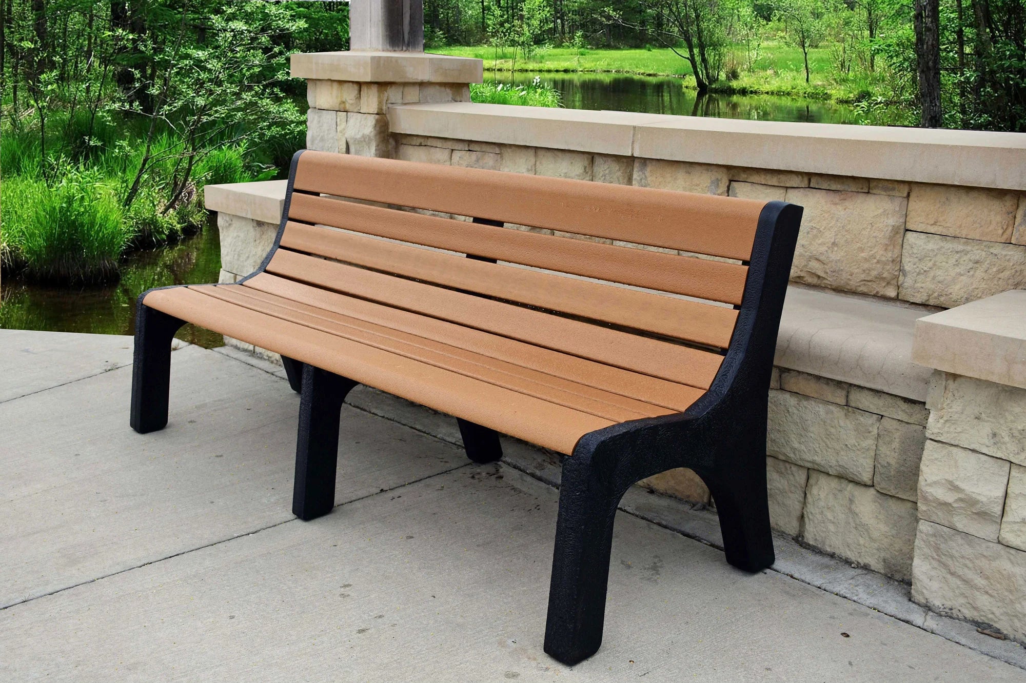 Frog Furnishings Cedar Newport Park Bench 6' Option with Park Pond Background