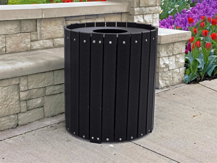 Frog Furnishings Black 32 Gallon Wood Round Trash Can with Colorful Tulip Garden Background