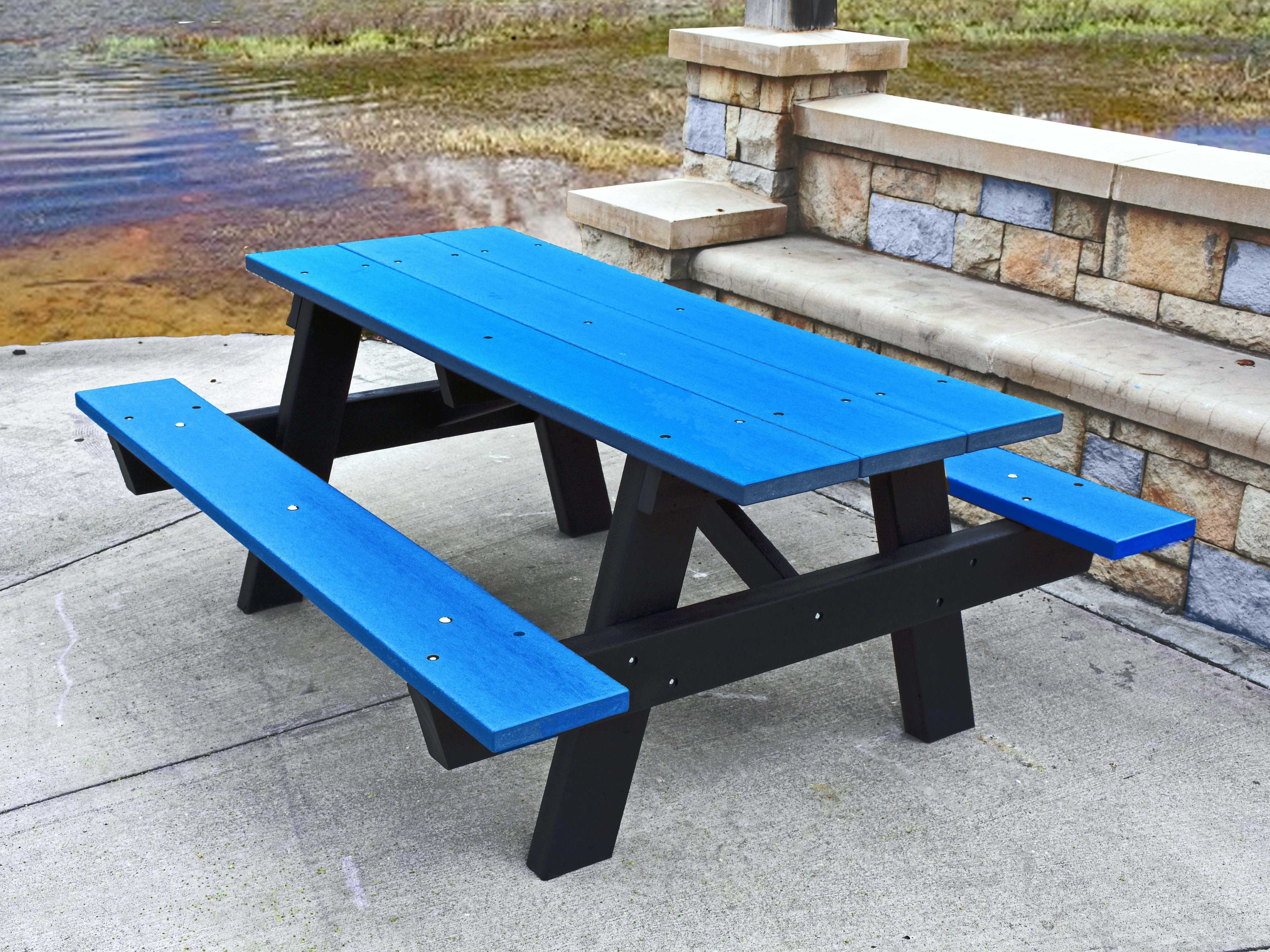 Frog Furnishings Custom Blue A-Frame Picnic Table By Water in National Park