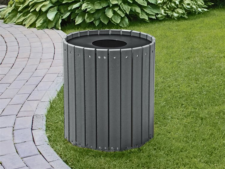 Frog Furnishings Gray 32 Gallon Wood Round Trash Can On side of Curved paver Walkway