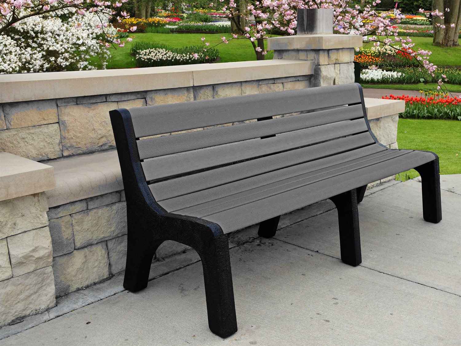 Frog Furnishings Gray Newport Park Bench 6' Option with Colorful Garden Background