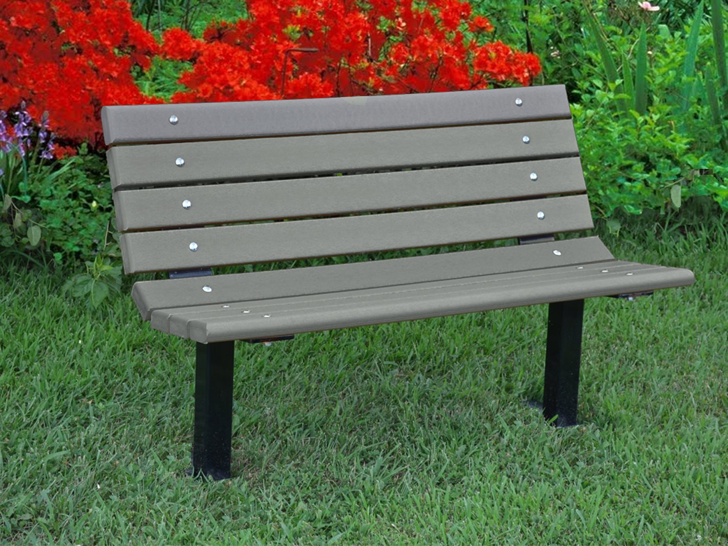 Frog Furnishings Gray Resinwood Contour Bench 4' Option with Red flower Garden Background