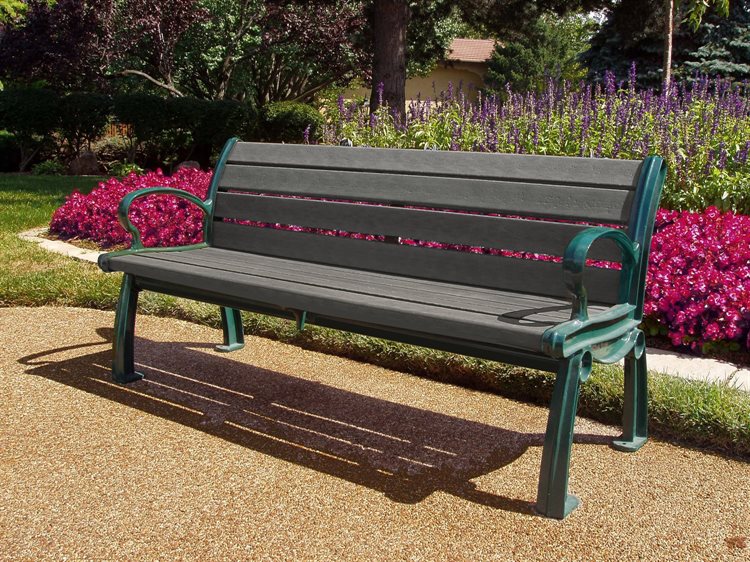 Frog Furnishings Gray 5' Option Recycled Plastic Heritage Garden Bench Environmental Photo with Colorful Garden Background