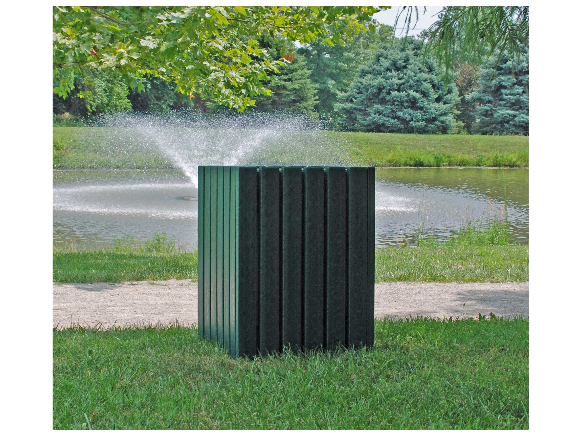 Frog Furnishings 32 Gallon Heavy Duty Green Square Receptacle with Garden and Pond Fountain Background