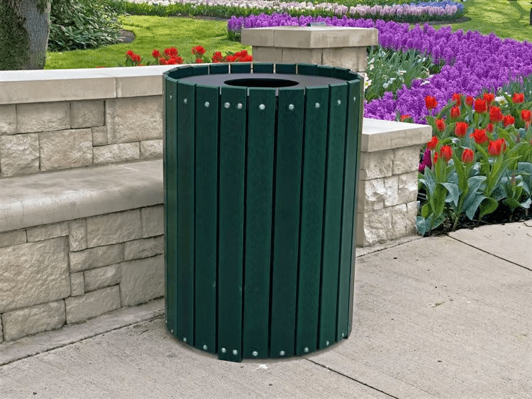 Frog Furnishings Green 32 Gallon Wood Round Trash Can with Colorful Tulip Garden Background