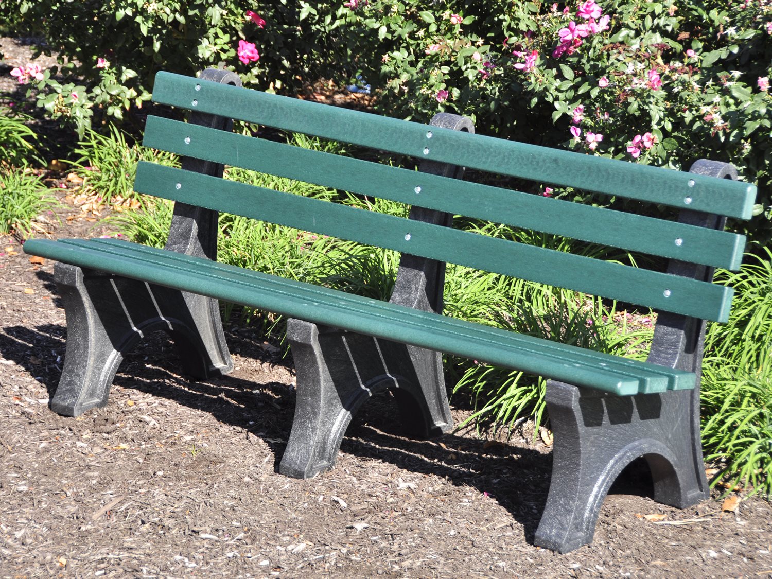Frog Furnishings Green Comfort Park Bench 6' Option Environmental Photo With Colorful Garden Background