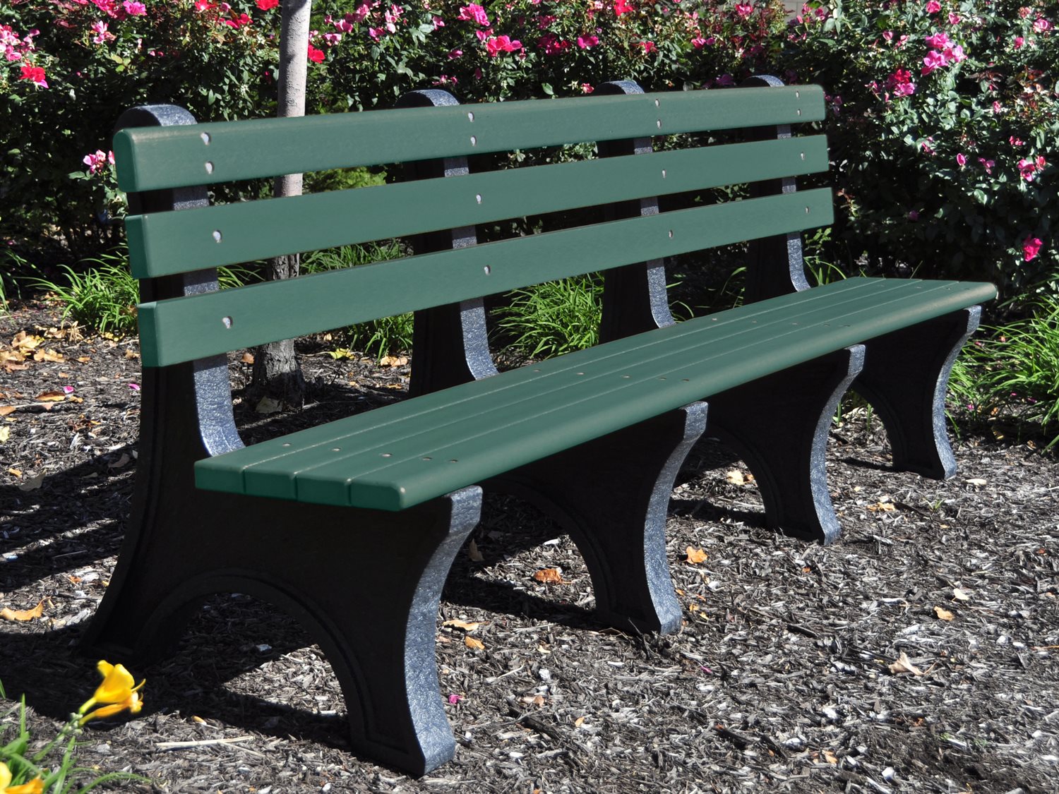 Frog Furnishings Green Comfort Park Bench 8' Option Environmental Photo With Colorful Garden Background