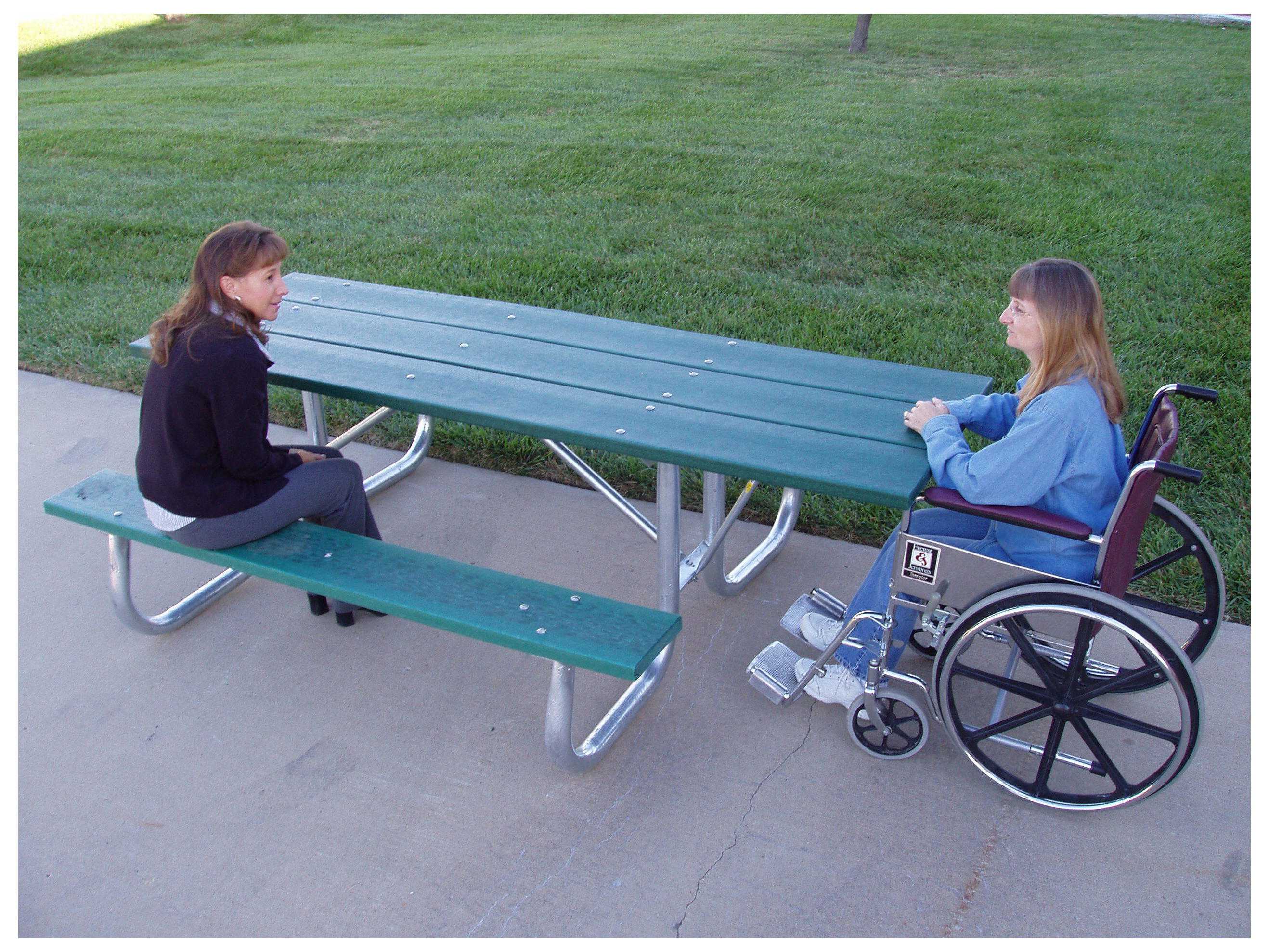 Frog Furnishings Green Metal Frame Picnic Table 6' ADA Option Environmental Photo with Wheelchair User at Table