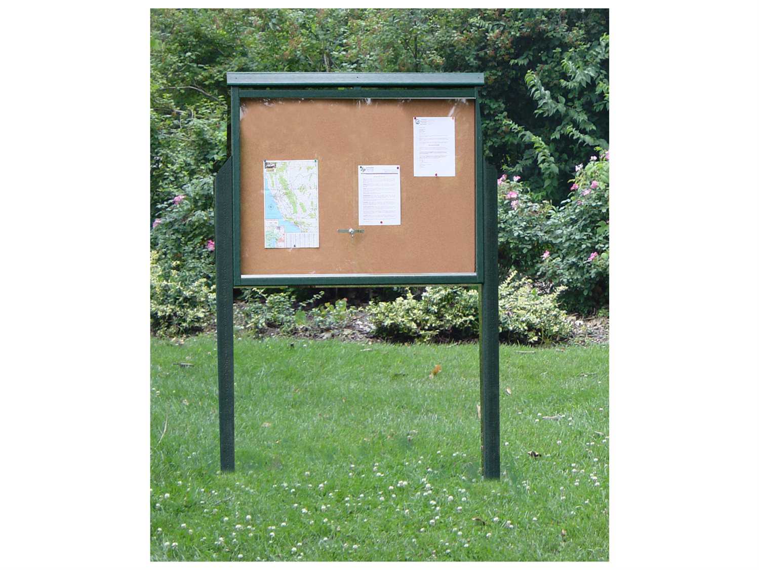 Frog Furnishings Large Green Outdoor Message Center Cork Bulletin Board with Sliding Door and Park Background
