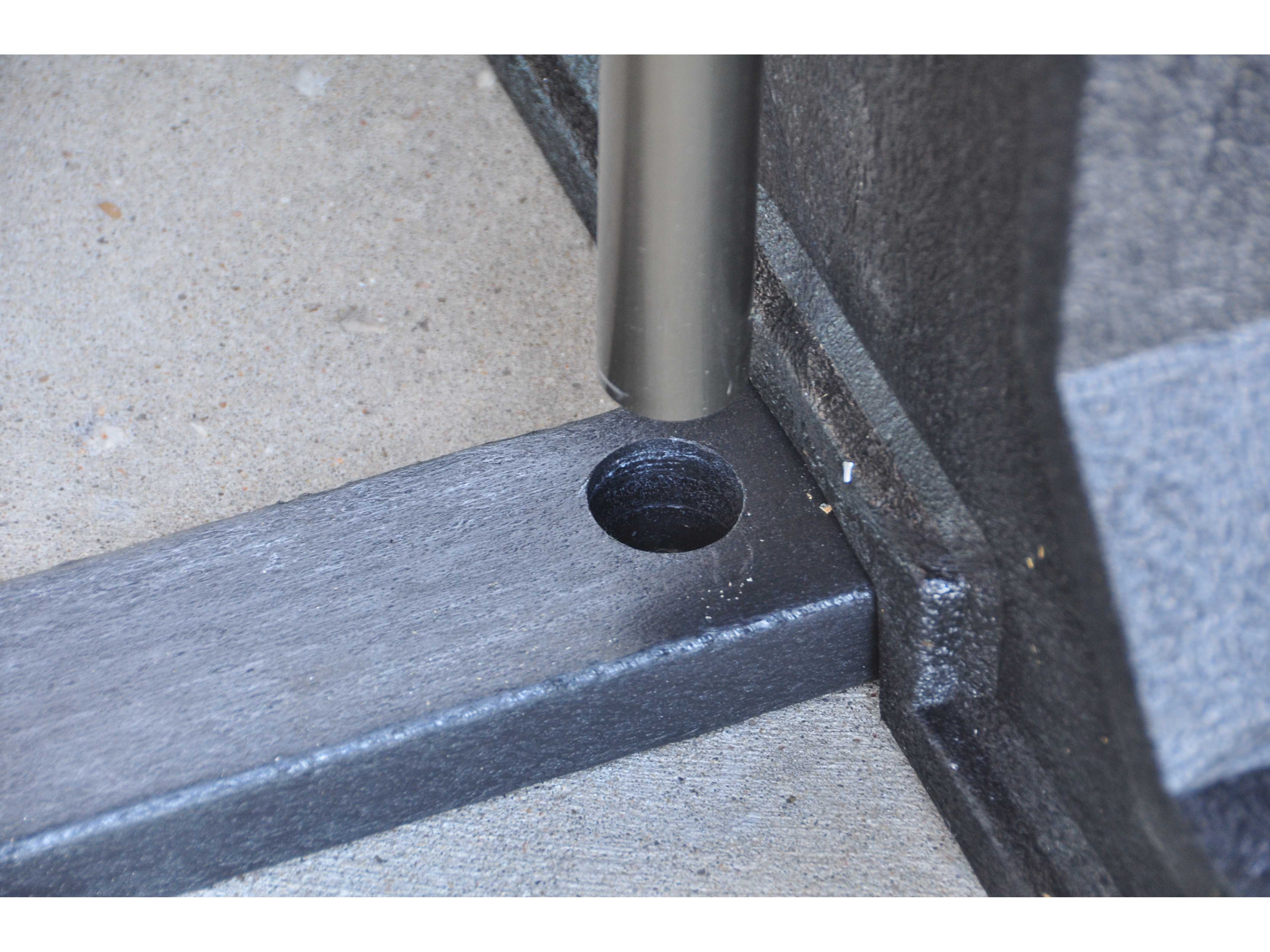 Frog Furnishings Park Place Recycled Plastic Picnic Table Umbrella Hole Close-up with Umbrella Out of Hole.