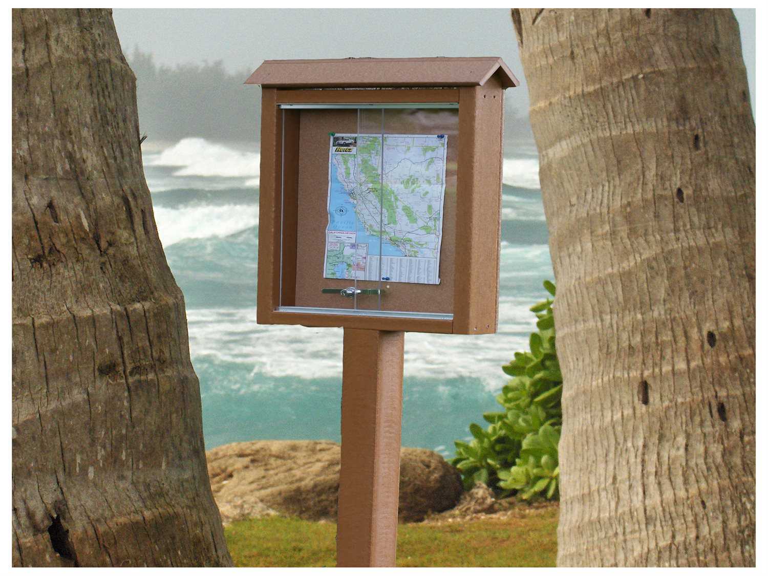 Frog Furnishings Small Cedar Outdoor Message Center Cork Bulletin Board with Sliding Door and Beach Background