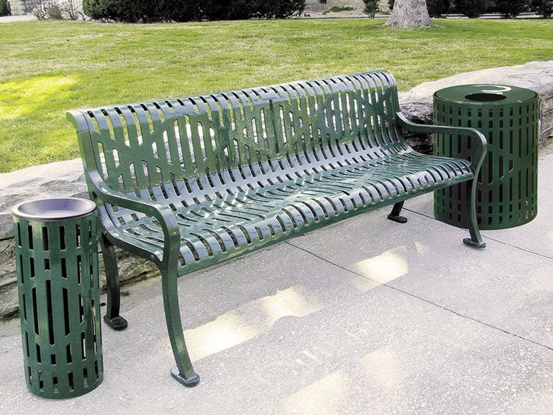 Green MyTCoat Austin Bench Slatted Steel Lifestyle Image with Green MyTCoat Ash Urn and Green MyTCoat 32 Gallon Trash Receptacle