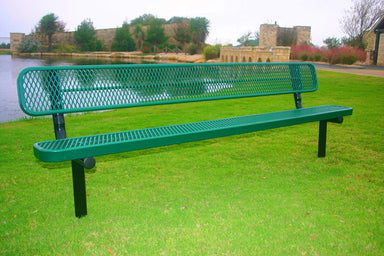 Green MyTCoat Metal Outdoor Bench With Backrest 8 foot Option with inground Mount Lifestyle Image with Resort Background