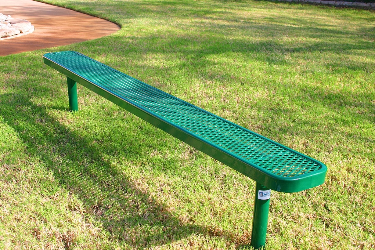 Green MyTCoat Metal Outdoor Bench Without Backrest Lifestyle Image with Park Background