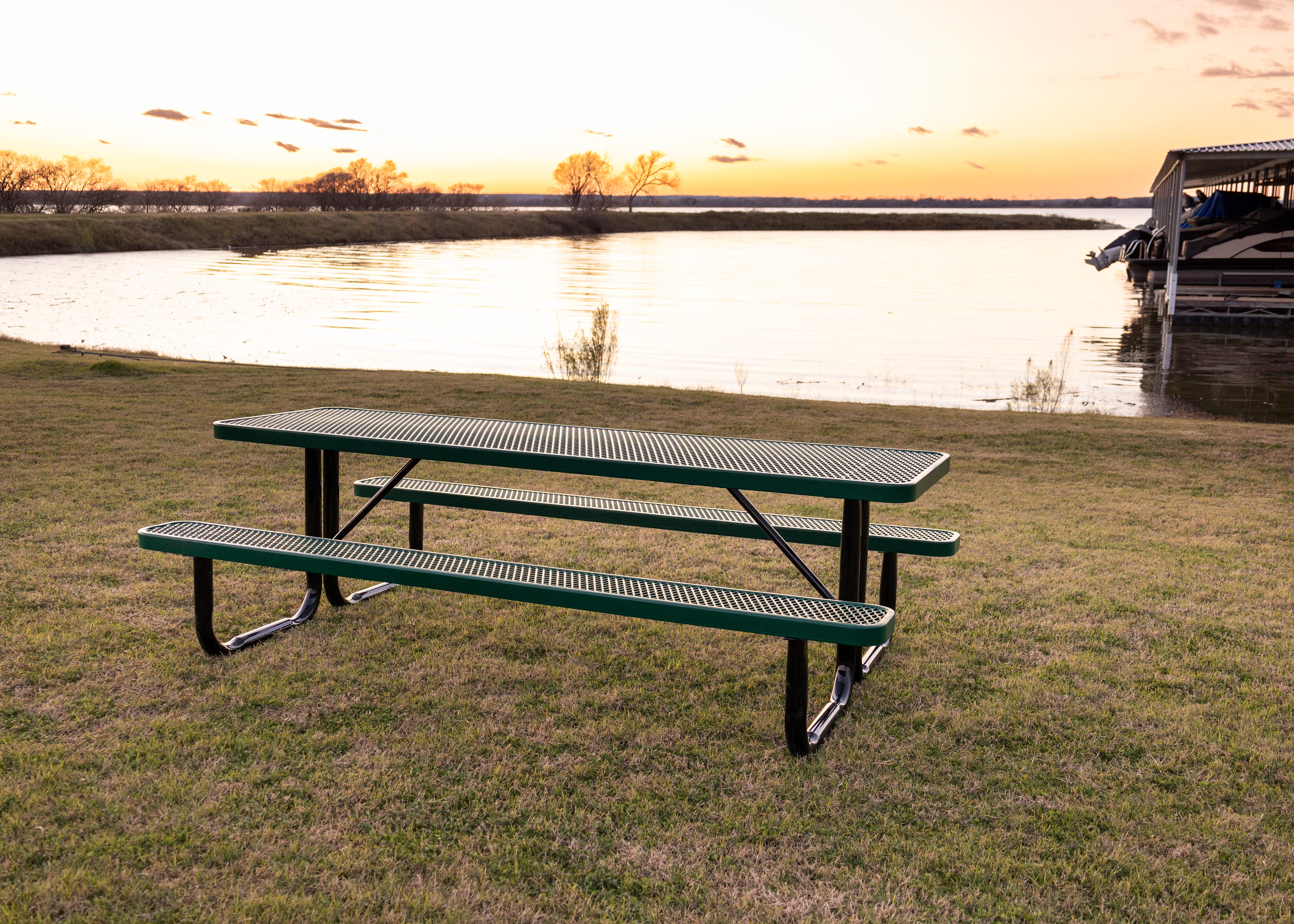 Green MyTCoat Rectangular Portable Picnic Table With Lake Background Lifestyle Image