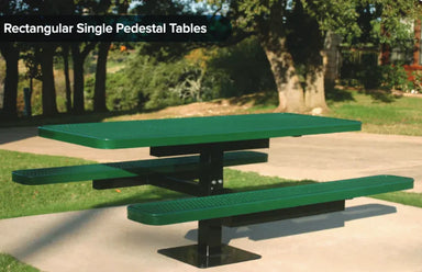 Green MyTCoat Rectangular Single Pedestal Picnic Table Surface Mount Lifestyle Image with Park Background