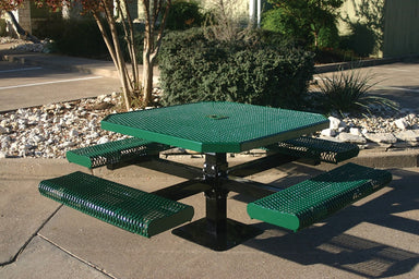 Green MyTCoat Rolled Octagon Pedestal Picnic Table 4 Seat Lifestyle Image with Schoolyard Background