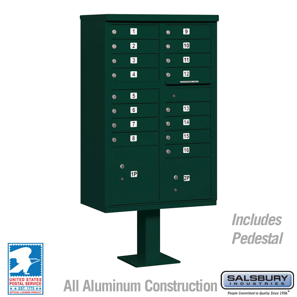 Green Salsbury USPS Approved 16 Door Cluster Mailbox Unit with 2 Parcel Lockers