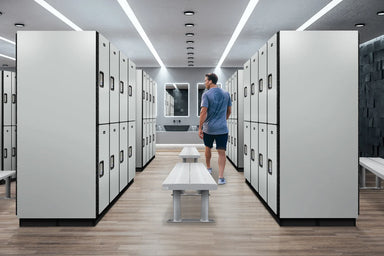 Gym Locker Room Full of Gray Salsbury 6-Door 2 Tier Designer Wood Lockers